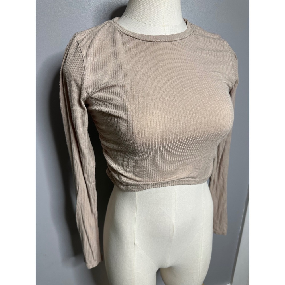 Antistar Womens Ribbed Knit Long Sleeve Crop Top Beige Tan Crew Neck Medium